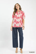 Umgee Floral Collared Short Sleeve Blouse