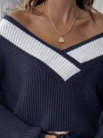 Contrast Trim V-Neck Ribbed Sweater