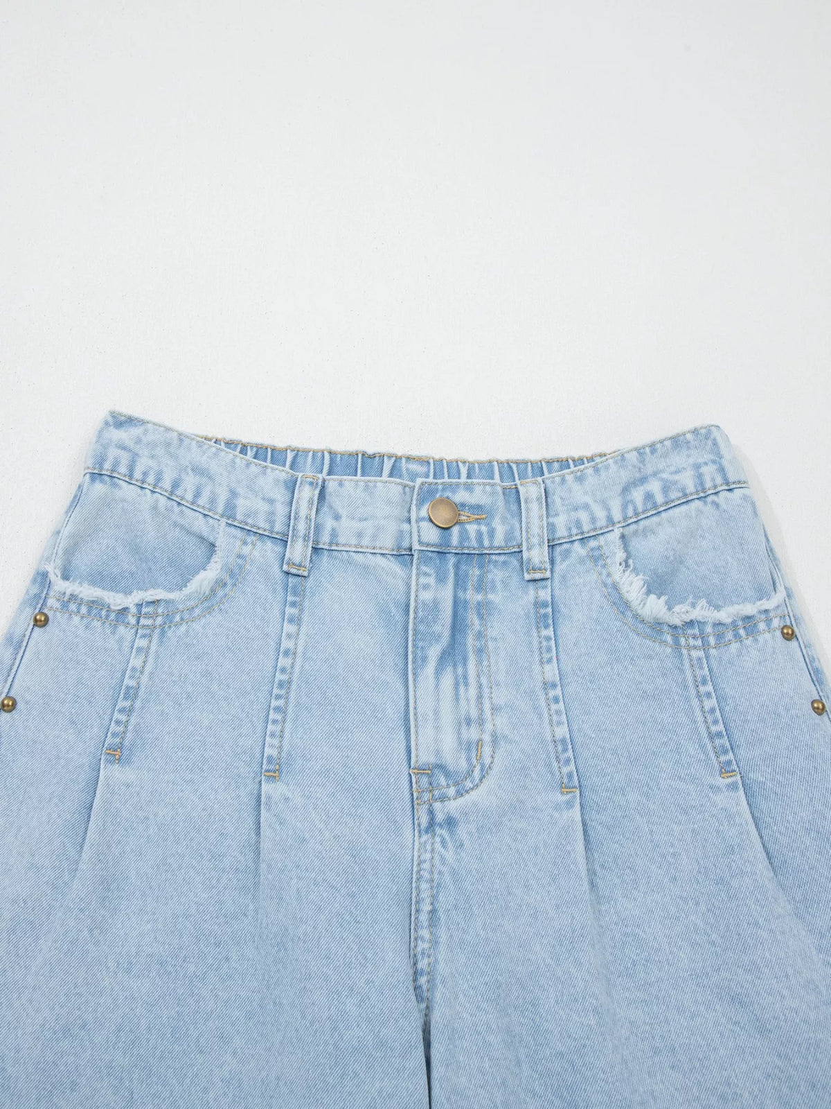 Studded Side Slit Leg Frayed Pocketed Wide Leg Jeans