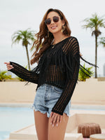 Fringe Trim Openwork Long Sleeve Cover-Up - Ladyez
