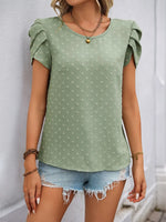 Perfee Swiss Dot Round Neck Petal Sleeve Blouse