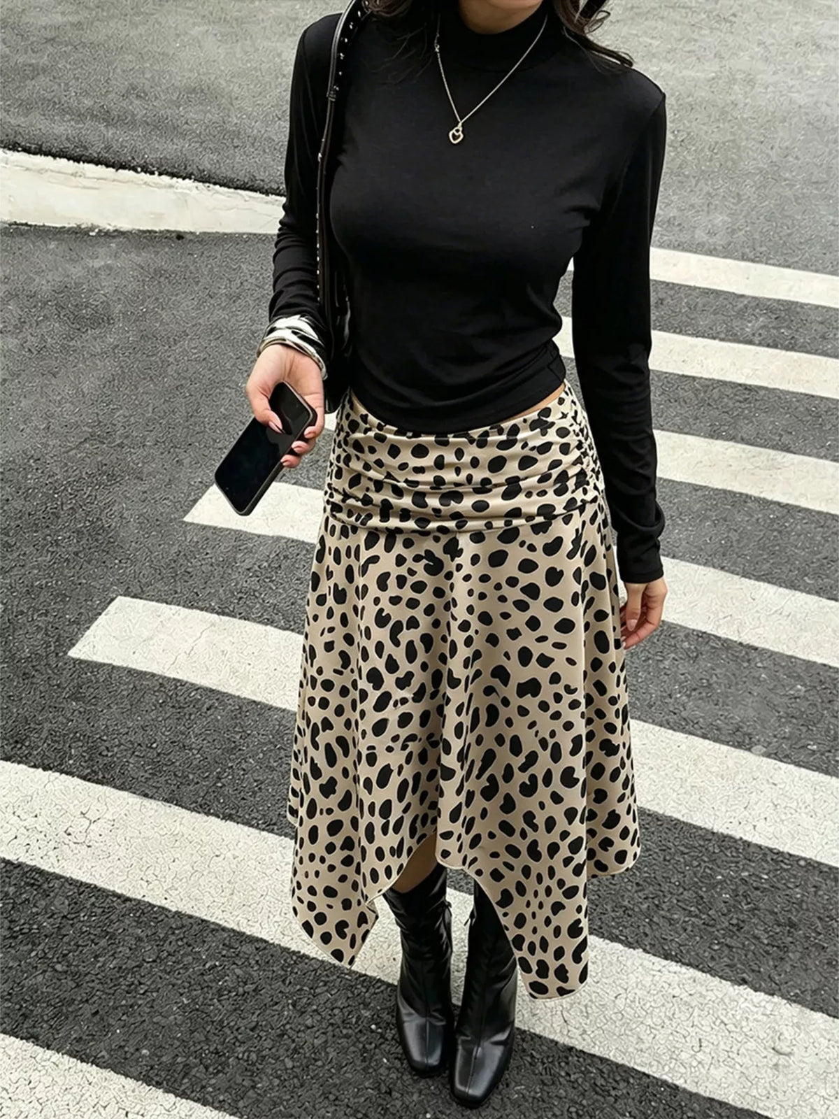 Leopard Print Asymmetrical Hem Midi Skirt