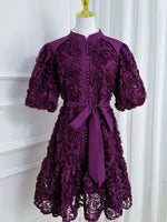 Flower Embellished Puff Sleeve Dress