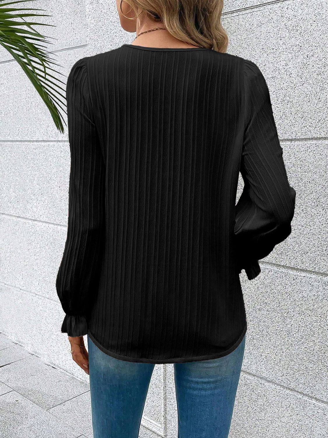 V-Neck Lace Detail Flounce Sleeve Blouse - Ladyez