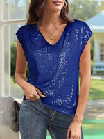 V-Neck Sequin Cap Sleeve Top - Ladyez