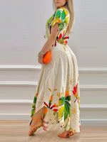 Tropical Print Button-Up Crop Top and Maxi Skirt Set、