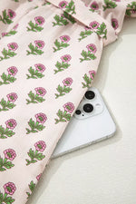 Floral Print V Neck Scallop Trim Button Front Short Sleeve Dress