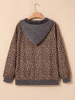 Ribbed Leopard Print Contrast Collar Zip Hoodie