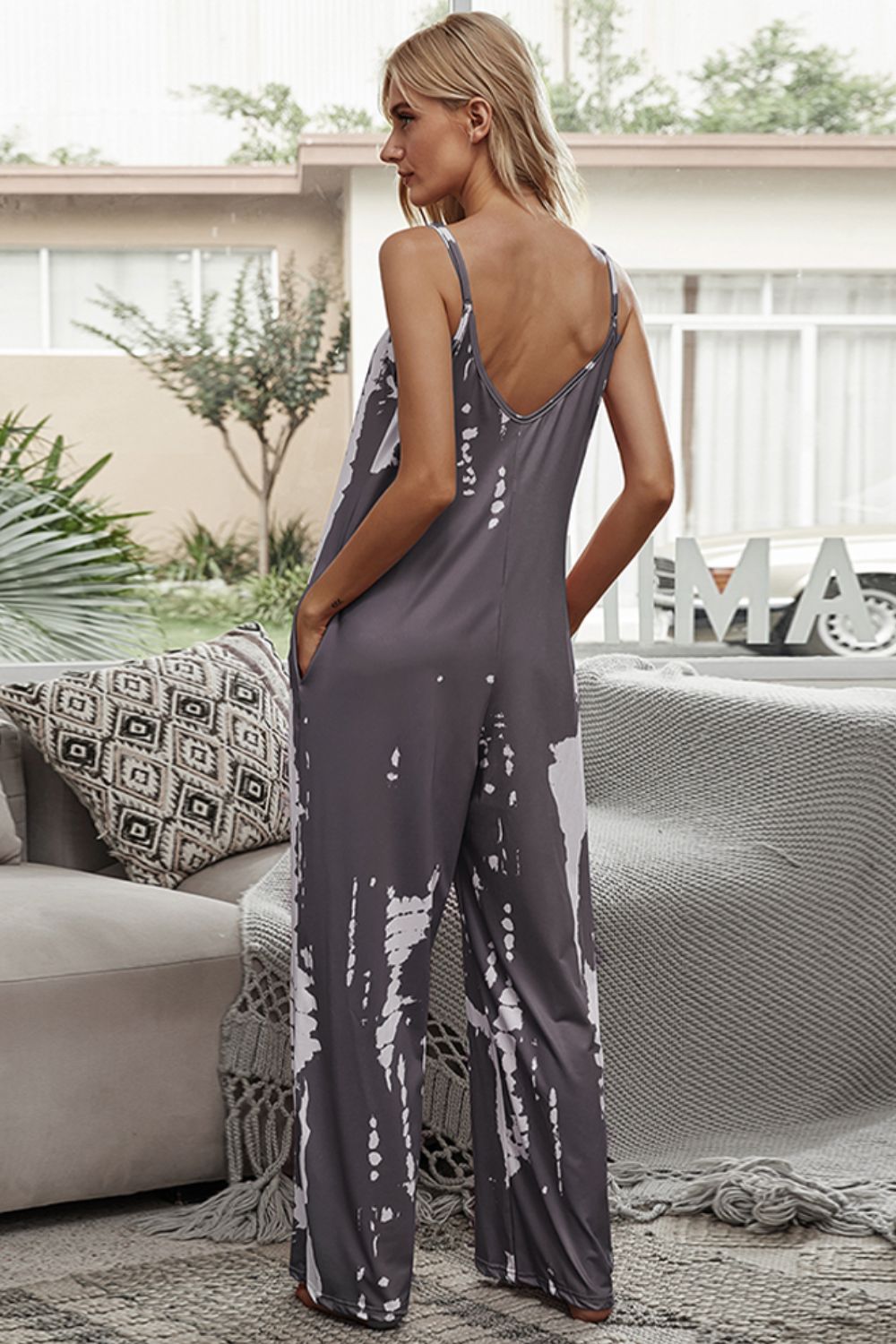 Shiny Tie-Dye Spaghetti Strap Jumpsuit with Pockets - Ladyez