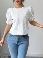 Eyelet Embroidered Puff Sleeve Tie-Back Blouse - Ladyez