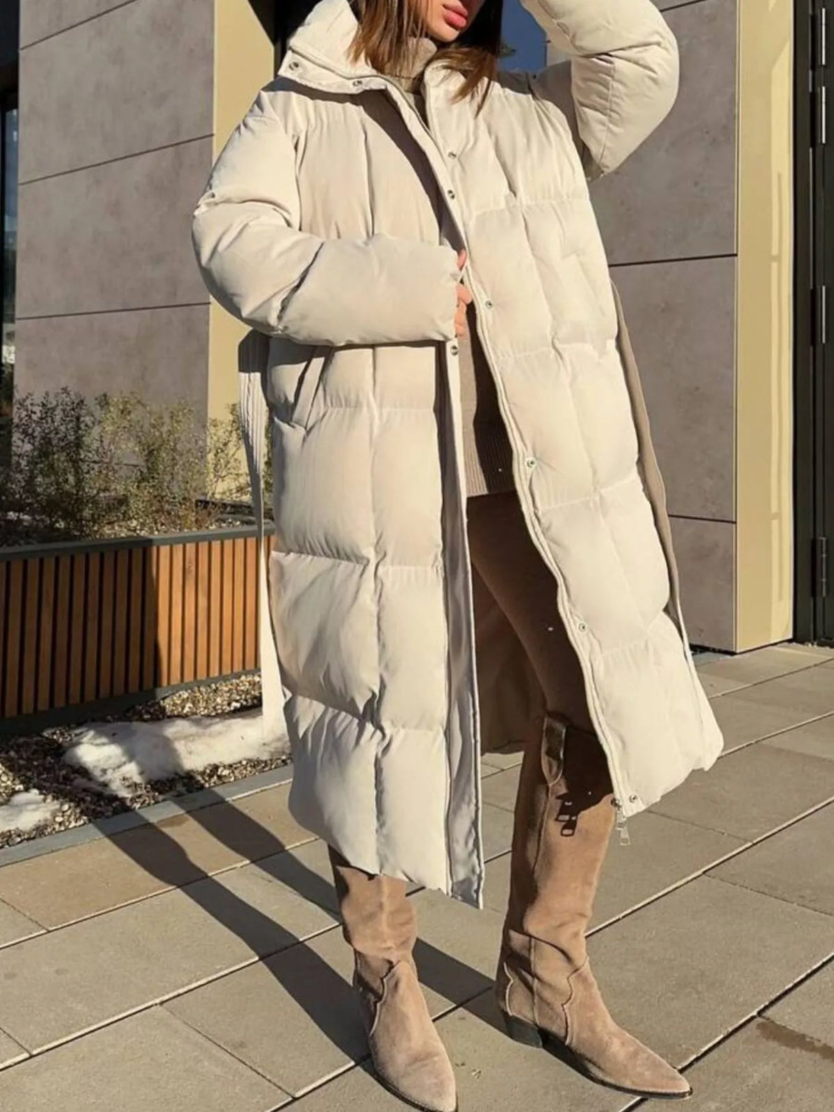 Longline Padded Winter Coat with Belted