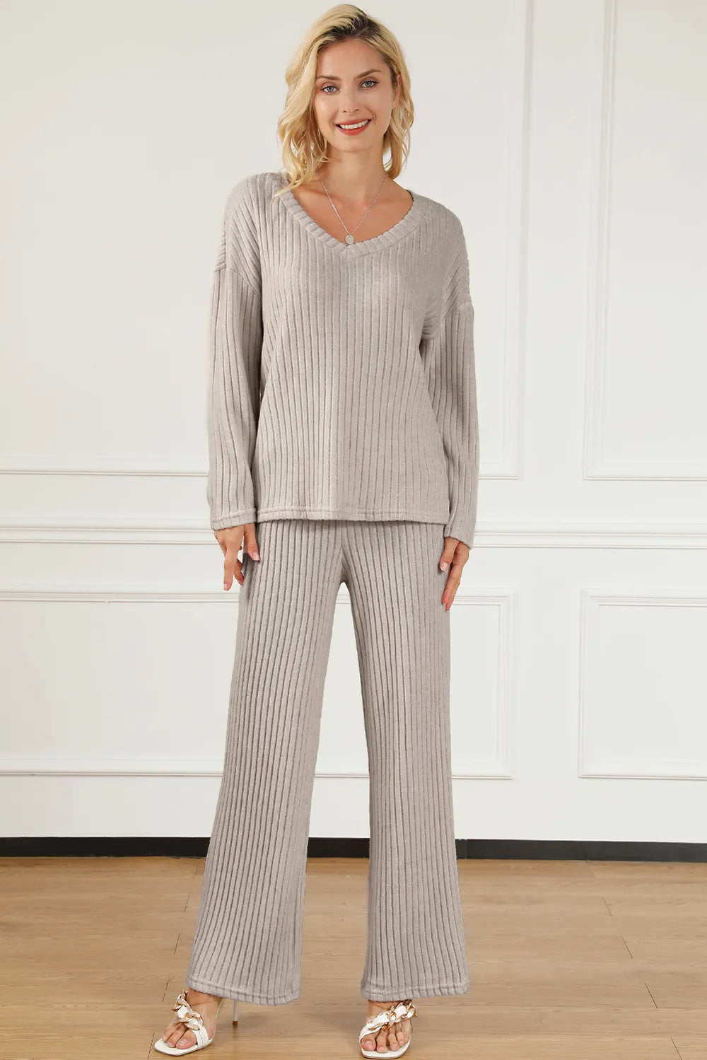Ribbed V-Neck Top and Pants Lounge Set - Ladyez