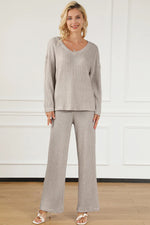 Ribbed V-Neck Top and Pants Lounge Set - Ladyez