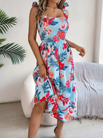 Smocked Floral Tie Shoulder Midi Dress - Ladyez