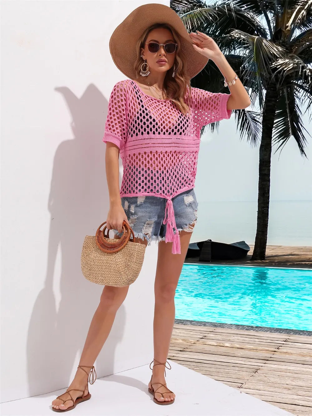 Angel Wings Cutout Round Neck Short Sleeve Cover Up - Ladyez