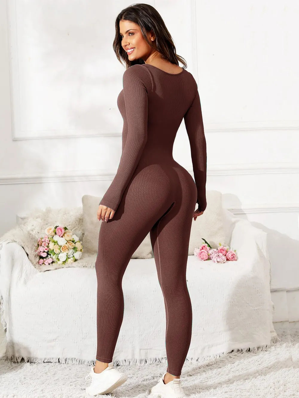 Scoop Neck Long Sleeve Active Jumpsuit - Ladyez