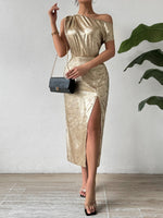 Honey Slit One Shoulder Short Sleeve Midi Dress - Ladyez