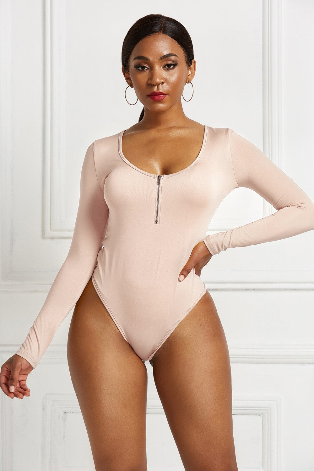 Half Zip Scoop Neck Long Sleeve Bodysuit - Ladyez