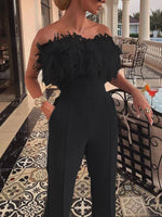 Feather Trim Strapless Wide-Leg Jumpsuit