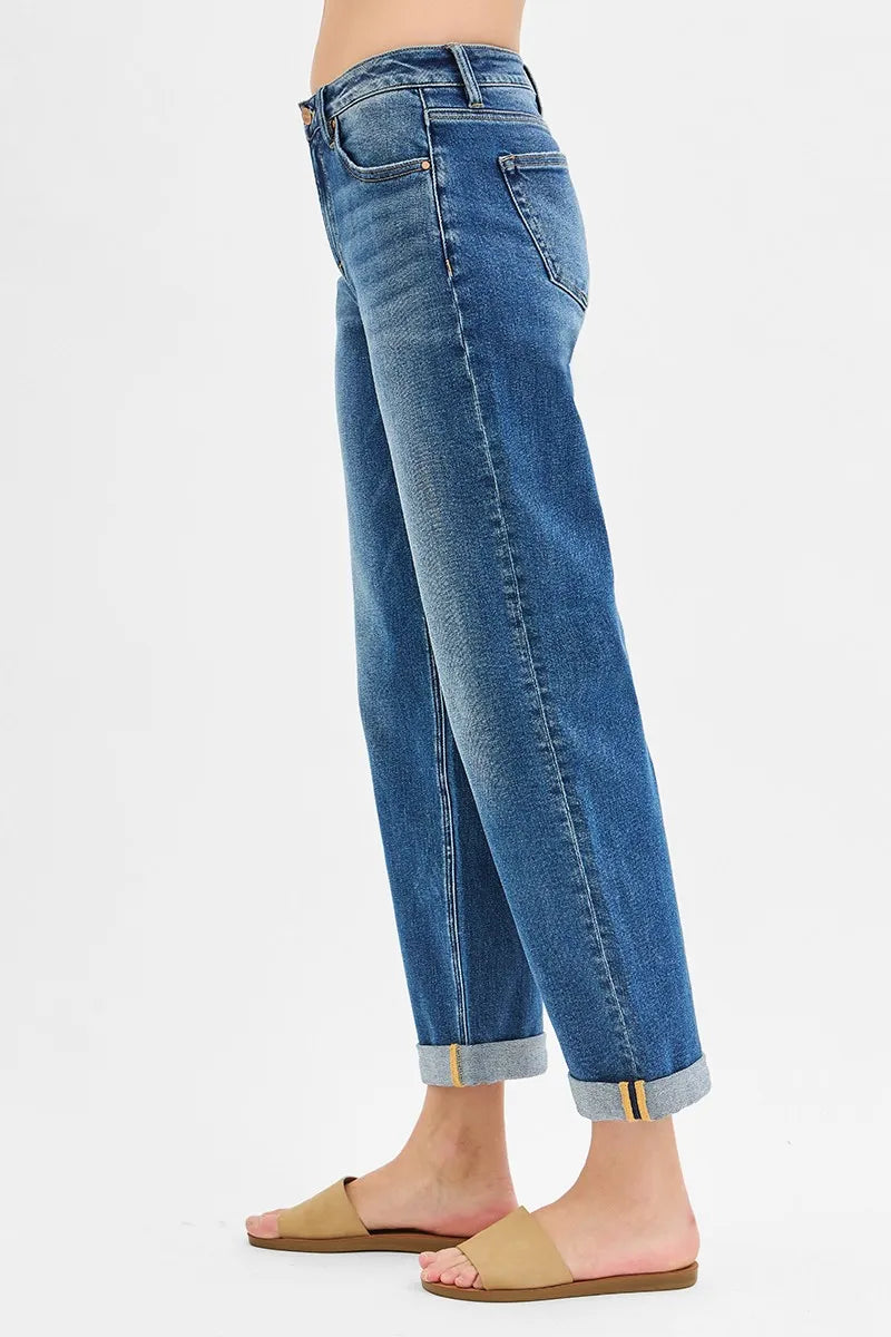 RISEN Full Size Mid Rise Boyfriend Roll Up Jeans Plus Size - Ladyez