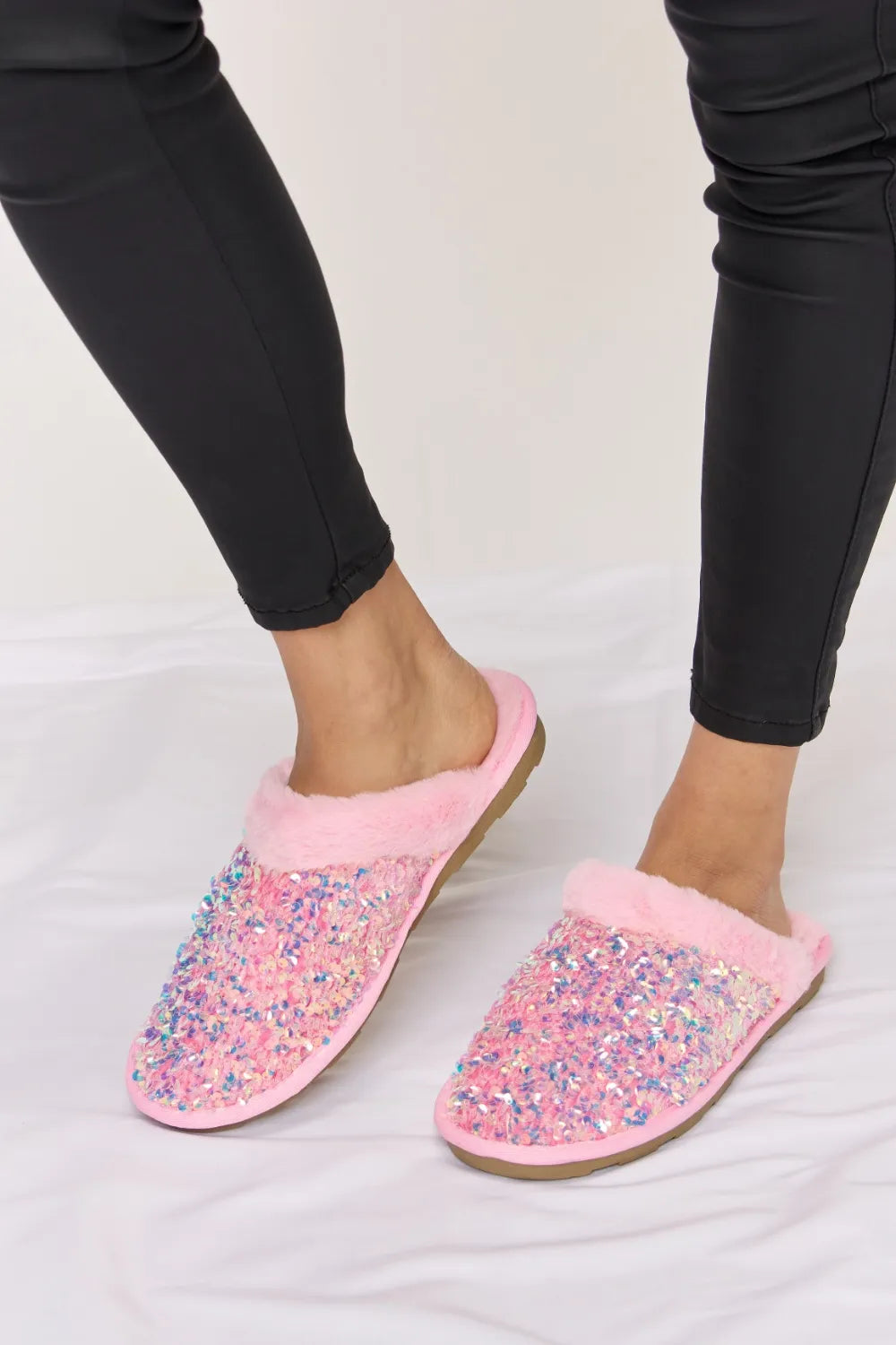 Forever Link Sequin Plush Round Toe Slippers - Ladyez