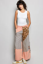 POL Striped Floral Patchwork Wide leg Pants with Side Big Star Patch