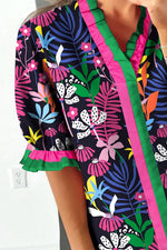Floral Print Frilled Contrast Striped Trim V Neck Short Sleeve Blouse