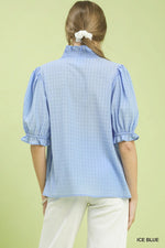 Umgee Textured Check Ruffle V-Neck Blouse