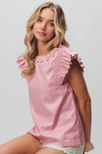 BiBi Leather Smocked Ruffled Top