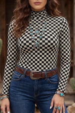 Plaid Stand Neck Long Sleeve Mesh Top