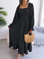 Smocked Square Neck Flounce Sleeve Dress - Ladyez