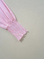 Pinstripe Long Sleeve Smocked Cuffs Button Shirt Collar Blouse