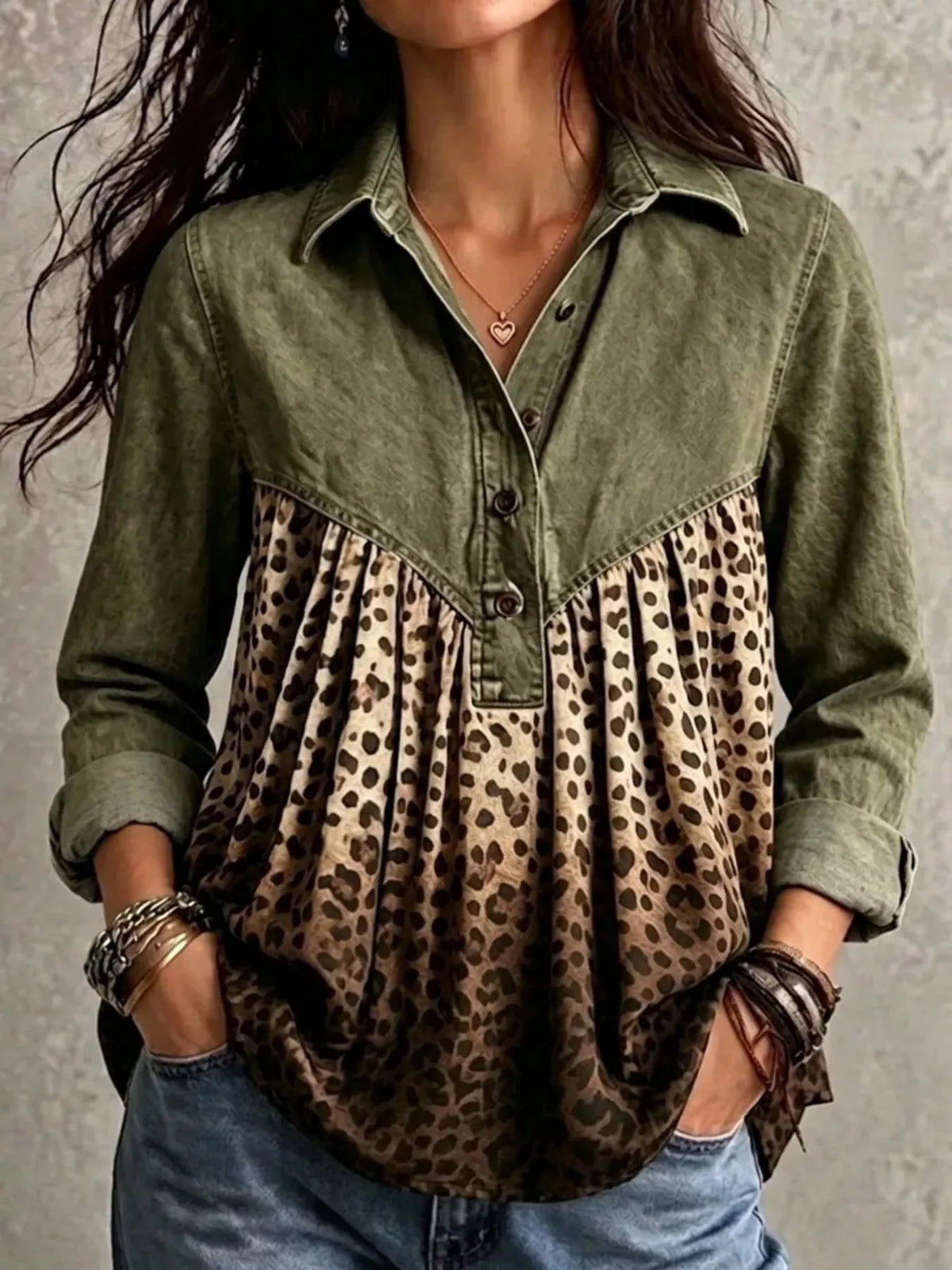 Full Size Leopard Button Detail Blouse Plus Size