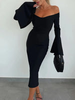 Off Shoulder Bell Sleeve Bodycon Midi Dress - Ladyez