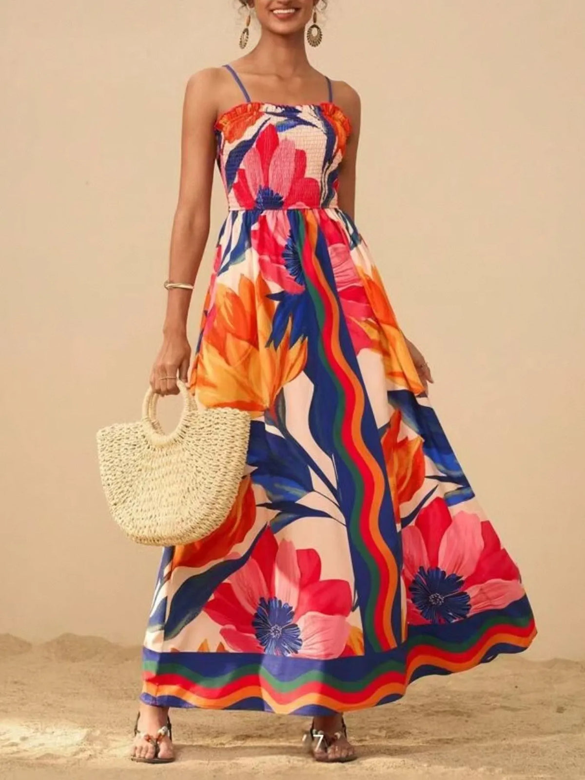 Smocked Printed Spaghetti Strap Maxi Summer Dress - Ladyez
