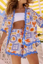 Bohemian Print Button Up Shirt and Shorts Set