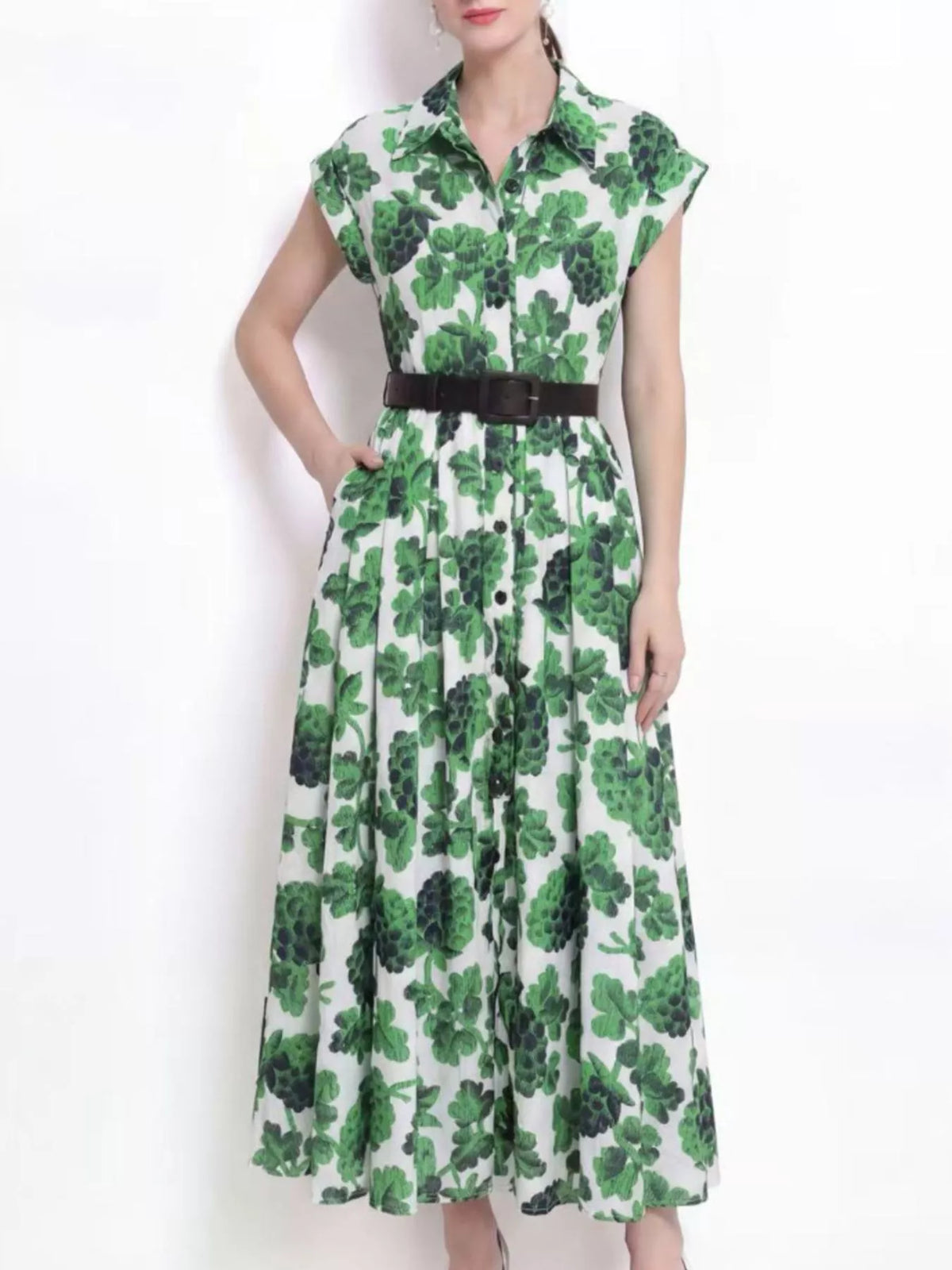 Printed Button Front Cap Sleeve Dress