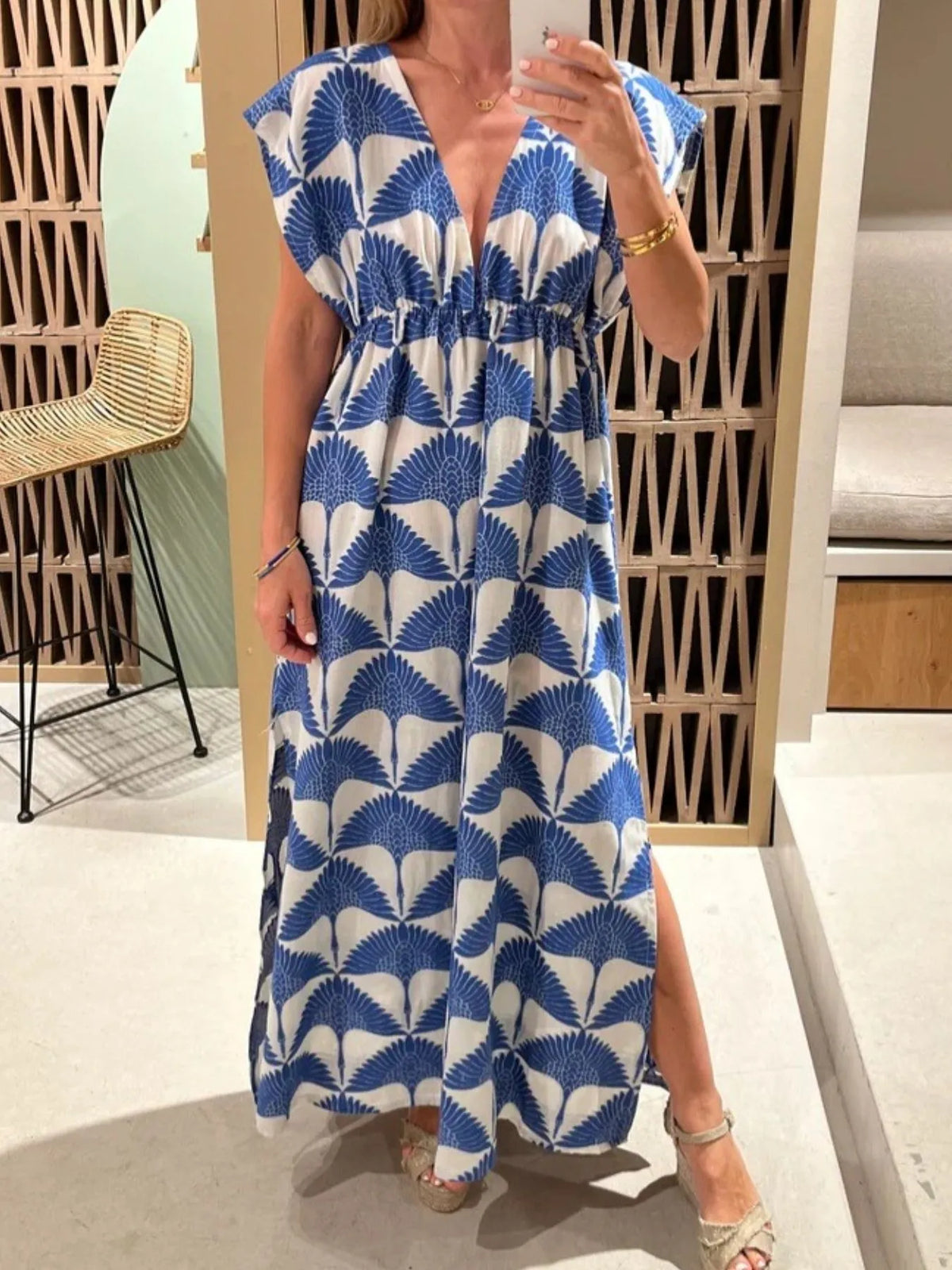 Slit Printed V-Neck Cap Sleeve Maxi Dress - Ladyez