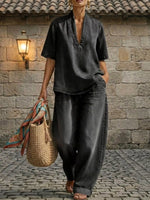 Full Size Half Sleeve Top and Wide Leg Pants Set Plus Size