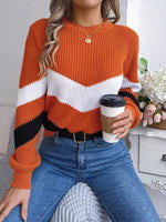 Chevron Stripe Color Block Round Neck Sweater