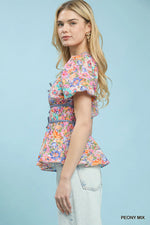 Umgee Mix Floral Smocked Waist Blouse