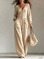 V-Neck Long Sleeve Button-Down Wide Leg Jumpsuit