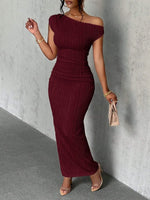 Textured Single Shoulder Maxi Dress - Ladyez