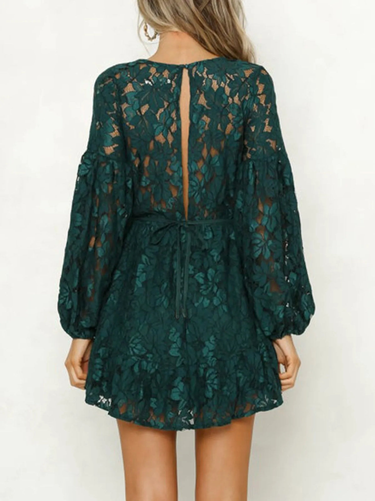 Lace V-Neck Long Sleeve Mini Dress - Ladyez