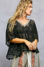 POL V-Neck Crochet Top with Scalloped Hem