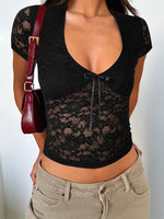 Devine V-Neck Short Sleeve Lace Top - Ladyez