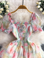 Smocked Floral Tiered Mesh Midi Dress