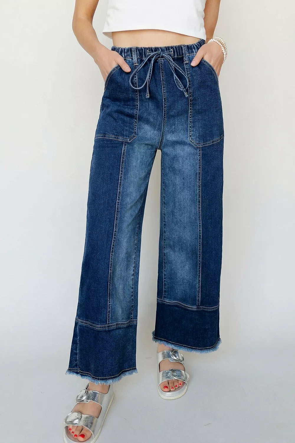 Drawstring Seam Detail Raw Hem Wide Leg Denim Pants