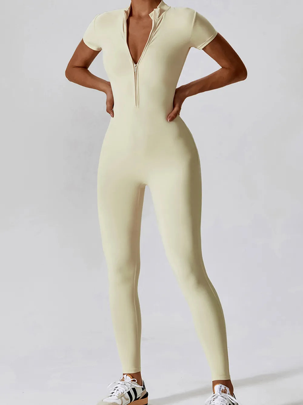 Basic Bae Half Zip Short Sleeve Active Jumpsuit - Ladyez