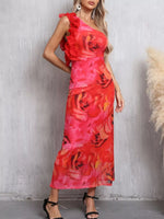 Floral Print One Shoulder Ruffle Trim Dress